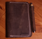 Fox Tree Creations full grain leather field notes cover with pen holder and white stitching