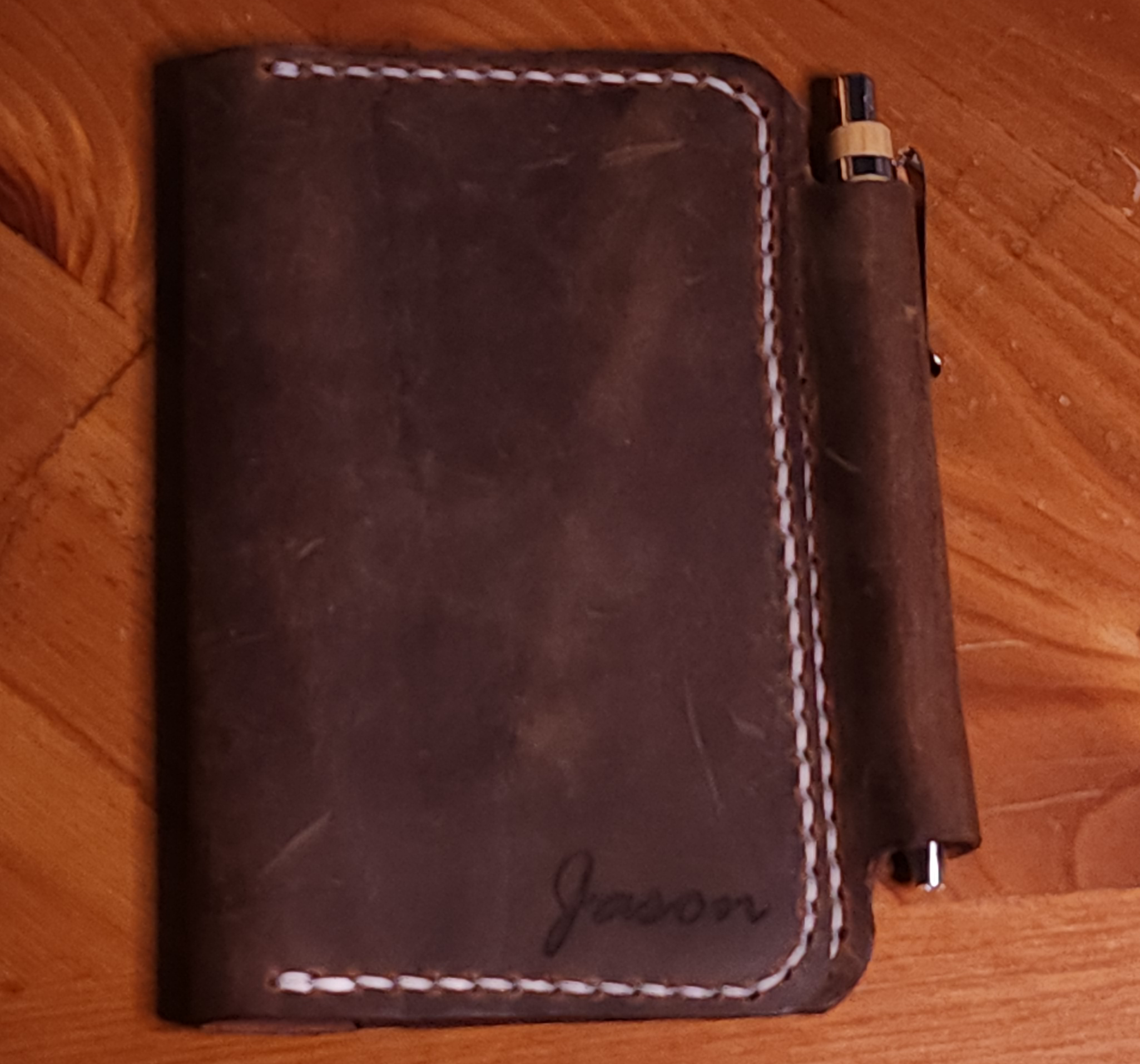 Fox Tree Creations full grain leather field notes cover with pen holder and white stitching
