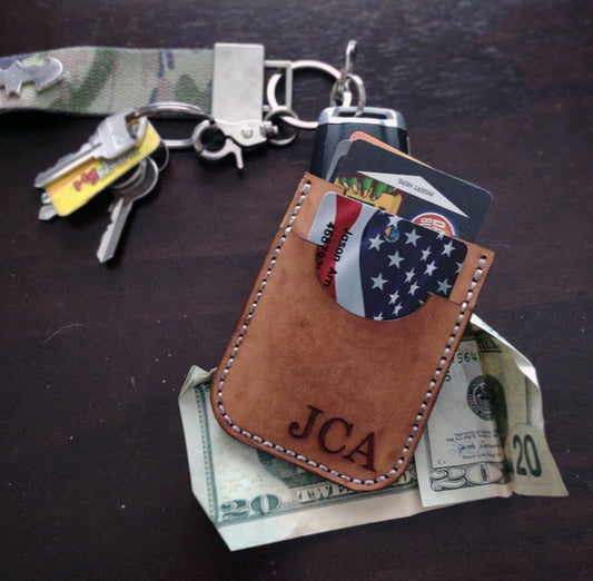 Fox Tree Creations minimalist card wallet in brown leather with cards and cash visible