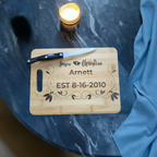 Personalized anniversary cutting board with names and established date, crafted by Fox Tree Creations