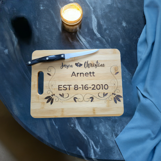 Personalized anniversary cutting board with names and established date, crafted by Fox Tree Creations