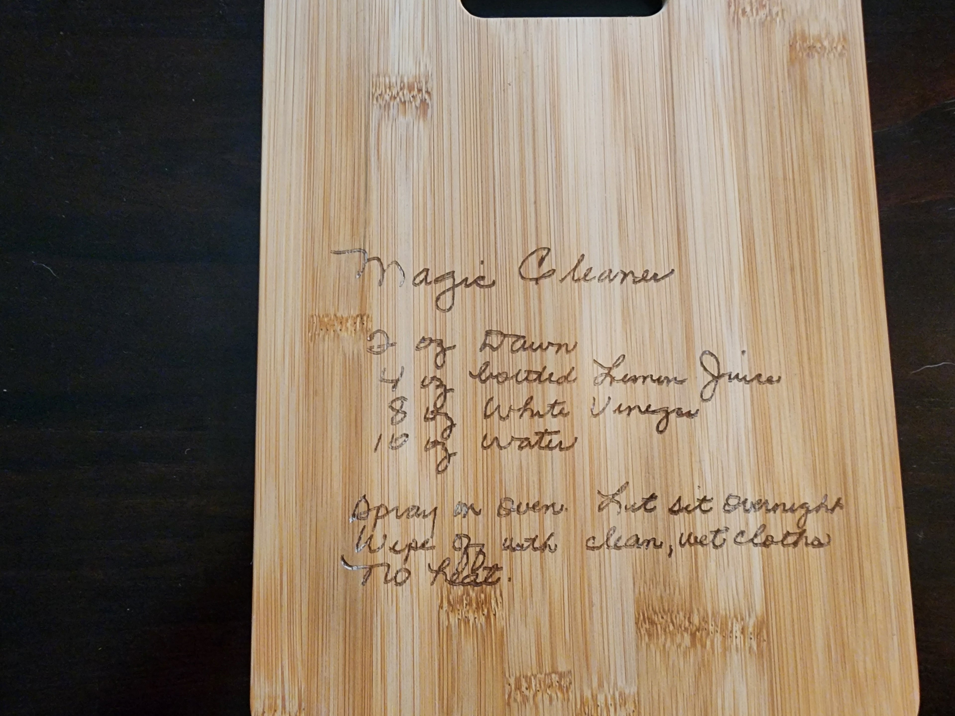 Personalized recipe cutting board featuring etched cleaning instructions for easy reference