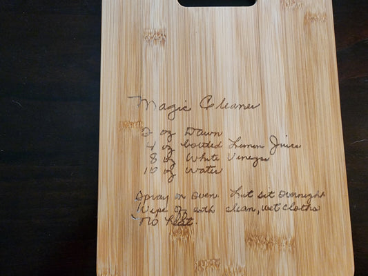 Personalized recipe cutting board featuring etched cleaning instructions for easy reference