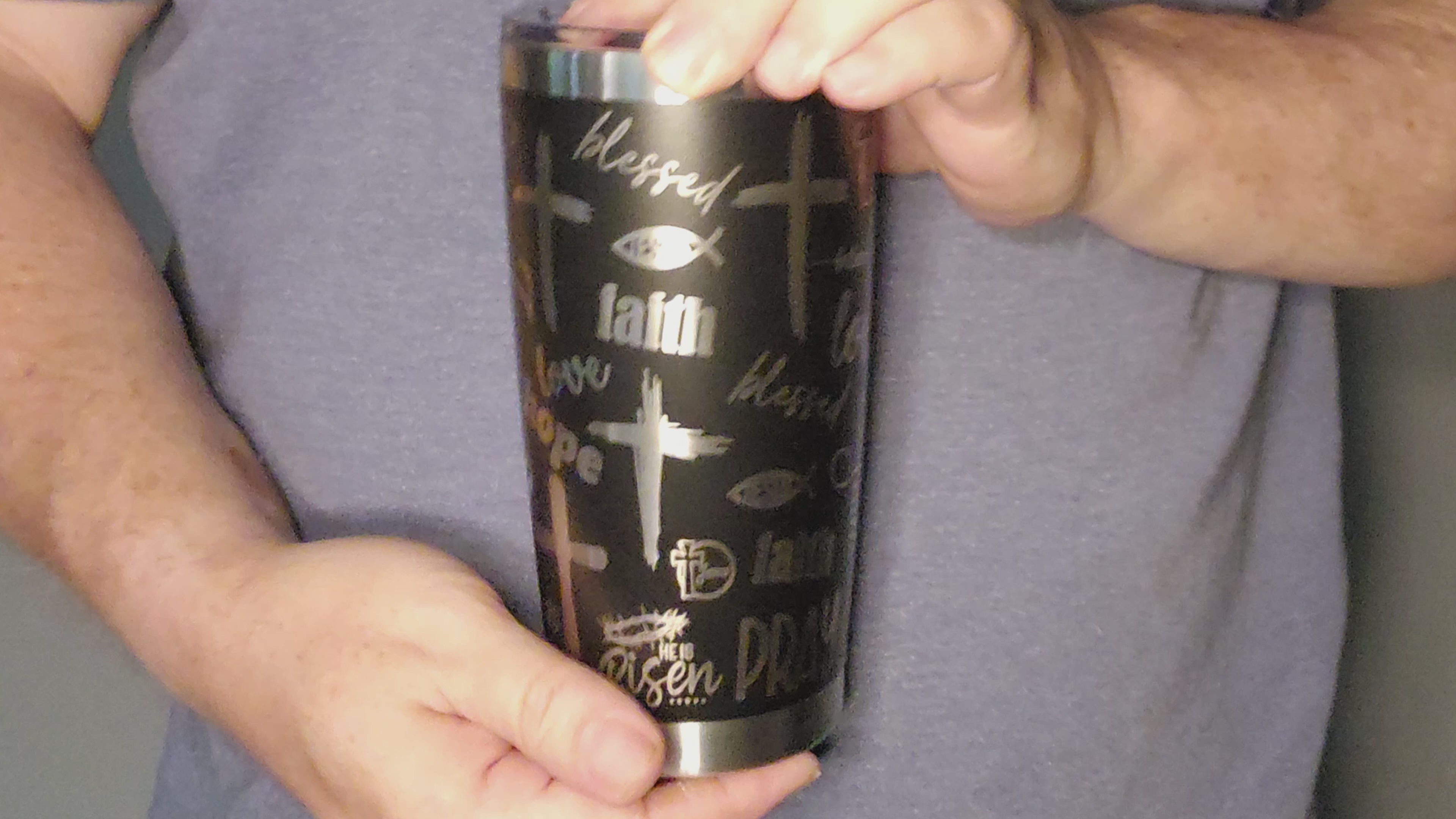 Video showing Laser engraved faith 20oz tumbler with inspirational designs and stainless steel finish by Fox Tree Creations