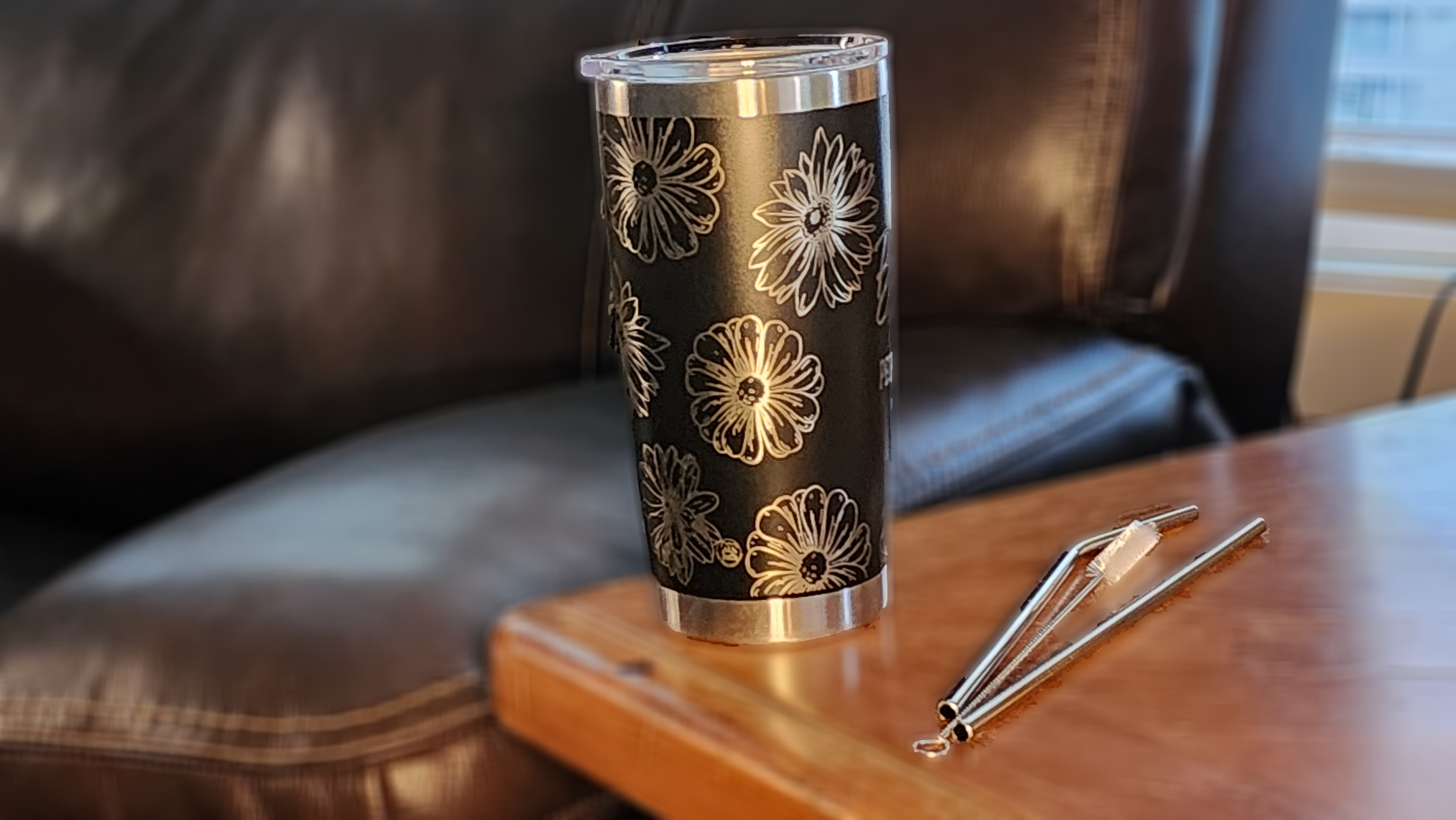 Fox Tree Creations sarcastic 20oz tumbler with floral design placed on a wooden table