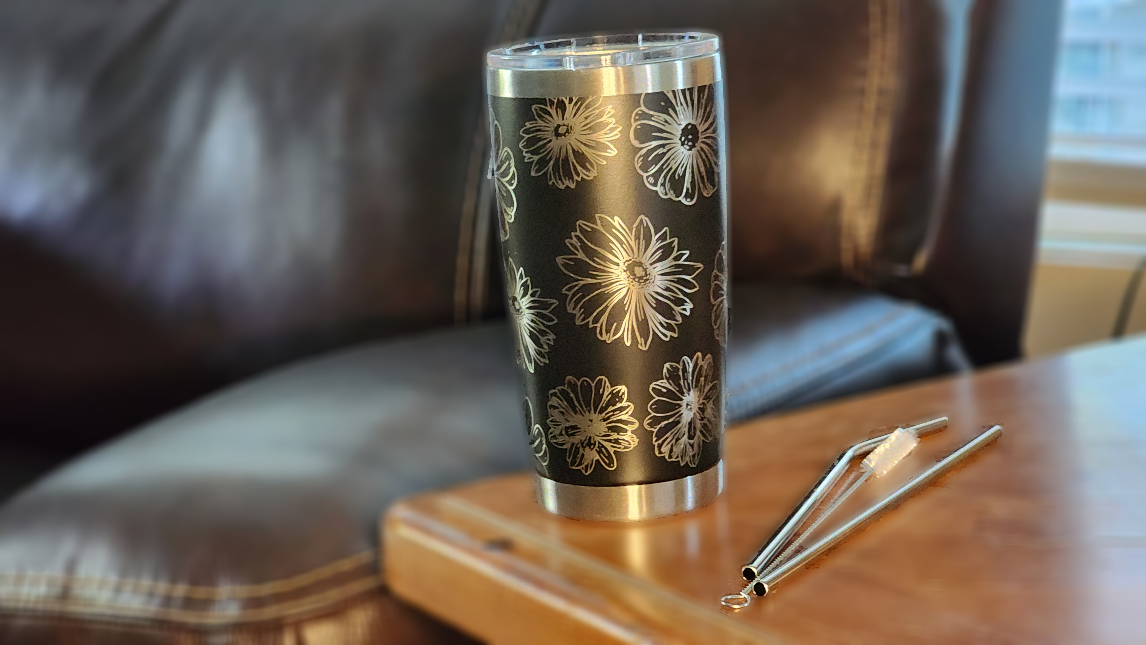 Black floral design 20oz tumbler by Fox Tree Creations, perfect for coffee or cold drinks, features a sarcastic 20oz tumbler.