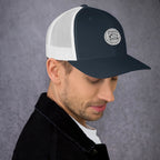 Fox Tree Creations unique gift trucker cap in navy and white with a stylish emblem on the front