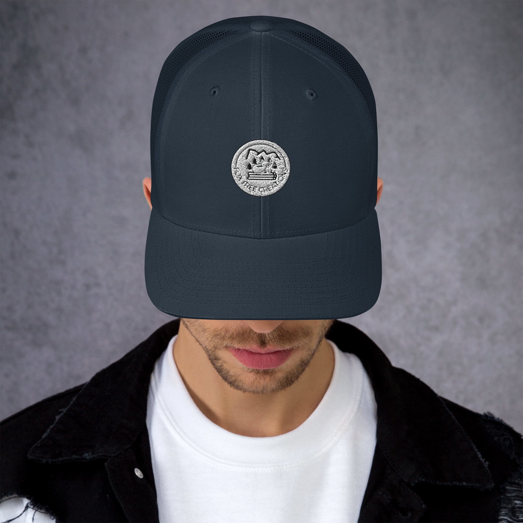 Fox Tree Creations unique gift trucker cap in navy with a stylish logo on the front