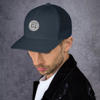 Stylish Fox Tree Creations unique gift trucker cap with a round logo design and mesh backing