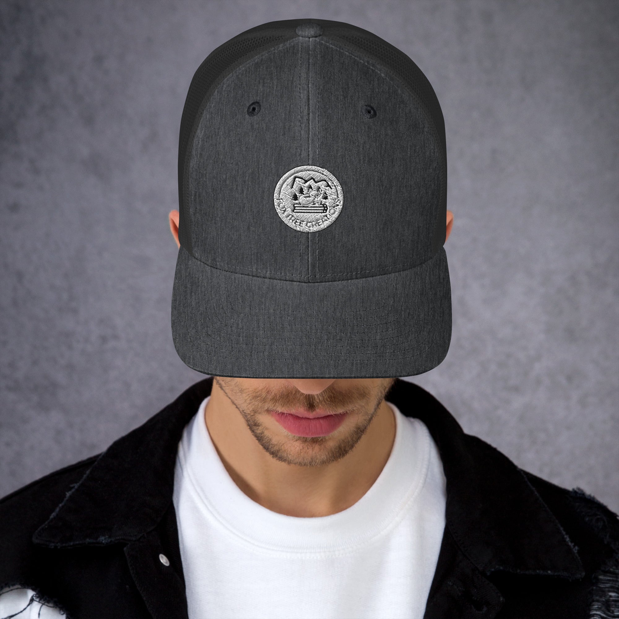 Fox Tree Creations unique gift trucker cap in dark gray with embroidered logo for stylish accessories