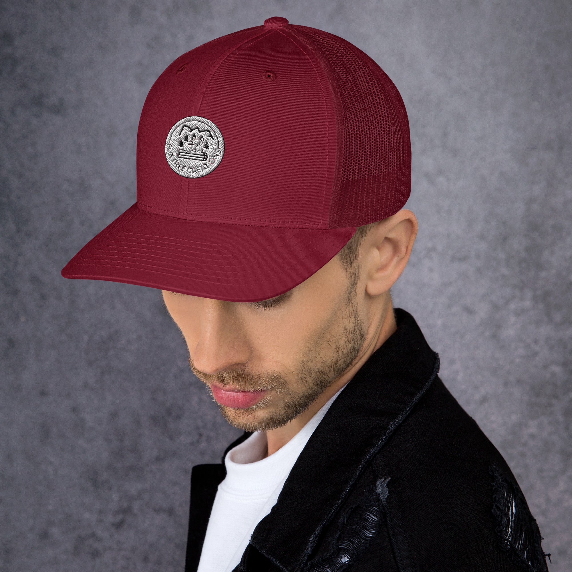 Maroon Fox Tree Creations unique gift trucker cap with a stylish emblem and breathable mesh design
