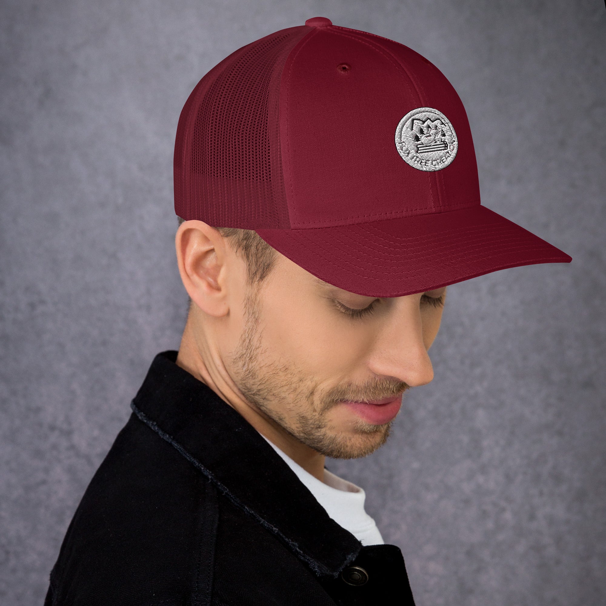 Maroon Fox Tree Creations unique gift trucker cap with a stylish front emblem for a trendy look
