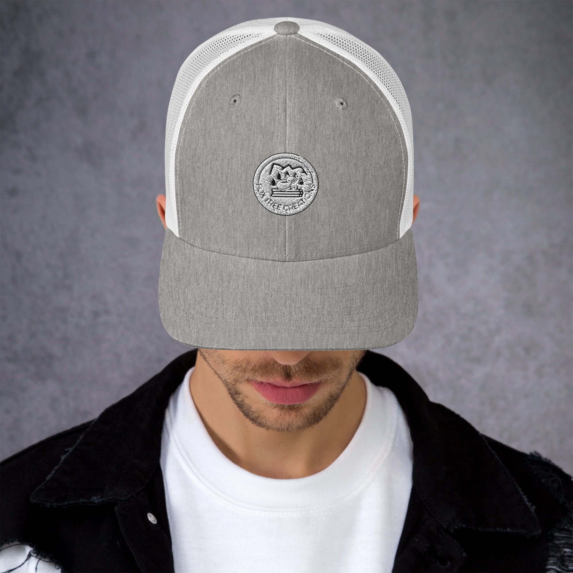 Gray Fox Tree Creations unique gift trucker cap with embroidered logo and adjustable snapback closure